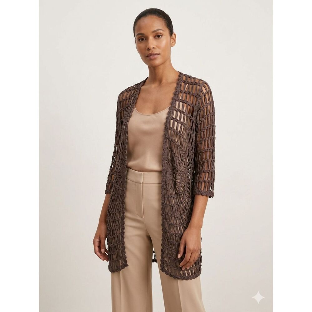 Chico's Travelers Brown Crochet Cardigan Wrinkle Free Knit Topper Size 2 Large